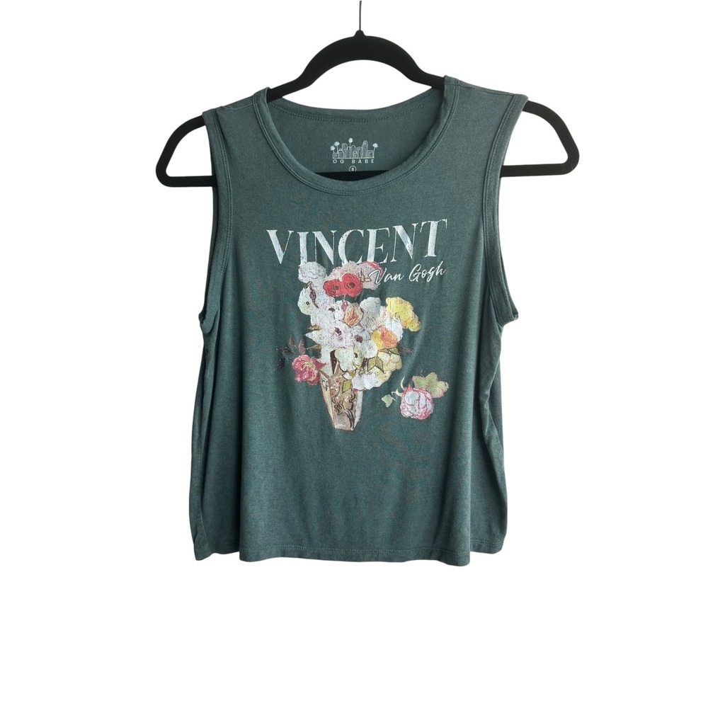 OG Babe Vincent Van Gogh Floral Graphic Tank Top Womens Small Green Muscle Tee